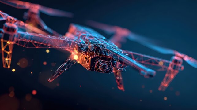 A futuristic, digital-art representation of a drone, with neon, wireframe style, that will make this image very eye-catching.  ..Created with Generative AI, not depicting real subjects.