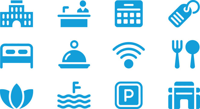 Set of travel and hotel service icons isolated on transparent background