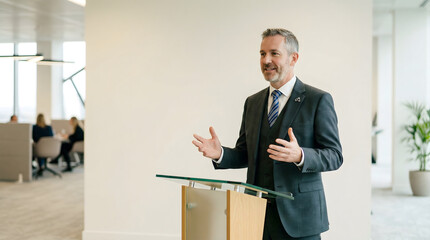 Middle-aged male executive presenting strategy in modern office with blank background for quote