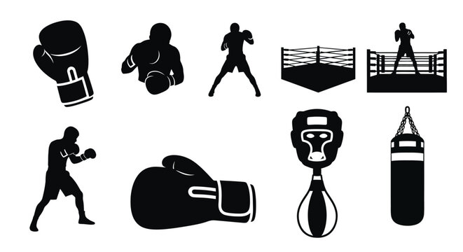 Boxing equipment and fighters in a stark black silhouette