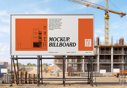 Building Construction Site Billboard Mockup. Development Business Advertising Display Template