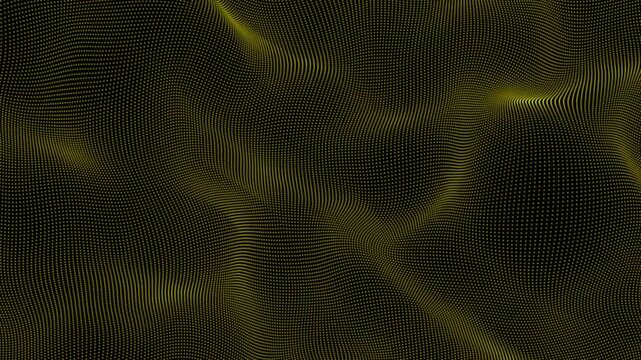 Vibrant dynamic yellow dot pattern particle forming an intricate abstract wave on a black background a captivating digital artwork showcasing movement and contemporary bold design