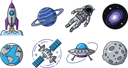 Space Exploration Icons Set Featuring Rocket, Astronaut, Earth, Moon, Satellite, UFO, Planets, and Galaxy for Cosmic and Space Science Designs © Firoz