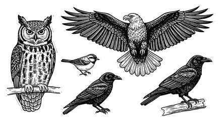 Naklejka premium Detailed Hand-Drawn Engraving Style Collection of Various Wild Birds Artwork