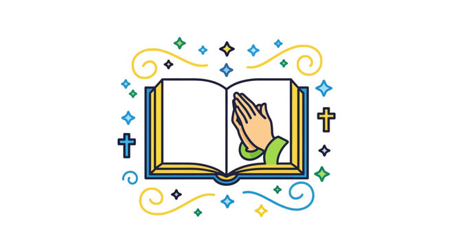 Praying Hand Open Bible Symbol.