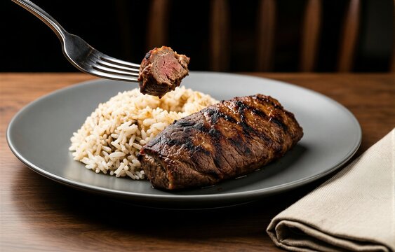 Chelo Kebab on plate with grilled kebab, side of brown rice. Concept of cozy dining atmosphere with warm lighting, inviting wooden furniture, and soft textures. 