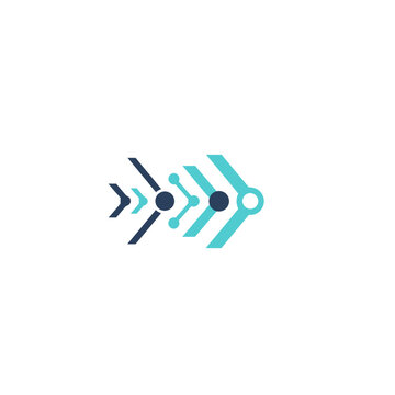 Abstract digital fish logo with interconnected dots and arrows.
