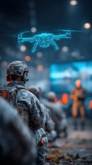 Fototapeta premium Soldiers in tactical gear observe a digital drone representation, blending technology and military operations. ..Created with Generative AI, not depicting real subjects.
