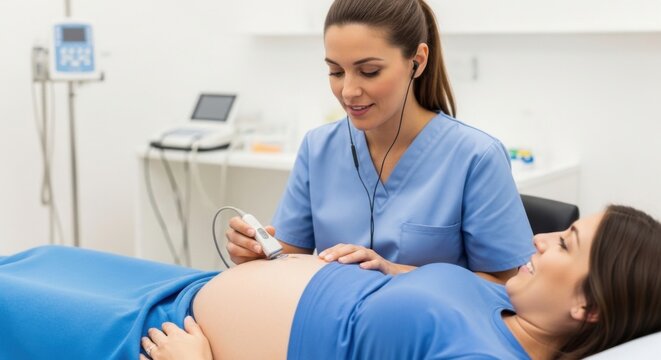 Pregnancy ultrasound scan by female doctor