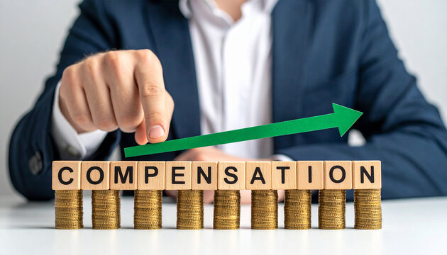Holzklötze bilden das Wort "Compensation" auf Münzstapel , mit einem steigenden grünen Pfeil.