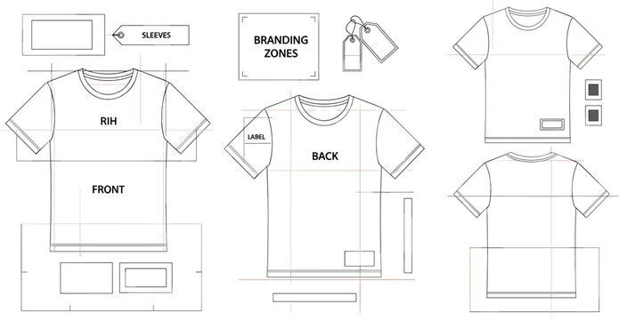 T Shirt Branding Zone Template Illustration with Front and Back Layout, Label Placement, Sleeve Areas and Logo Positioning for Apparel Design and Fashion Mockups