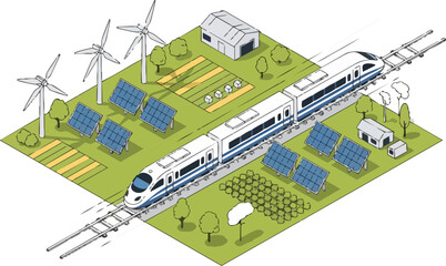 Fototapeta premium Isometric High-Speed Train and Renewable Energy Infrastructure with Solar Panels Wind Turbines and Sustainable Farming Concept Illustration