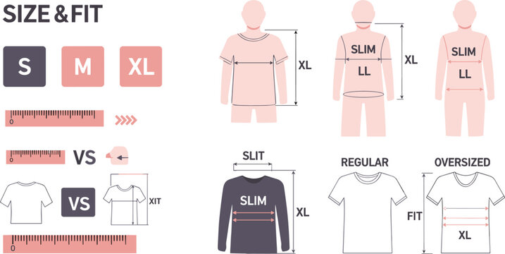 Clothing Size and Fit Guide Illustration with S M XL Measurements, Slim Regular Oversized Styles and Body Proportion Comparison for Apparel Design and Fashion Sizing