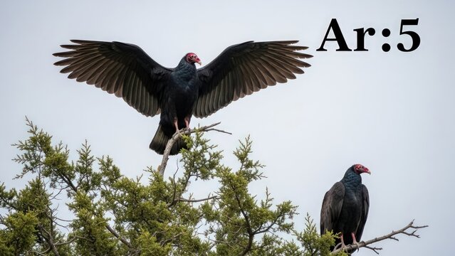 Two black vultures on tree branches.