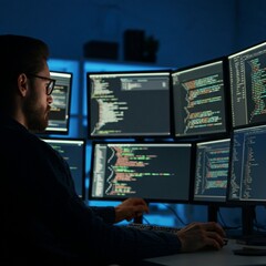 Fototapeta premium Software developer in dark office with multiple monitors showing code