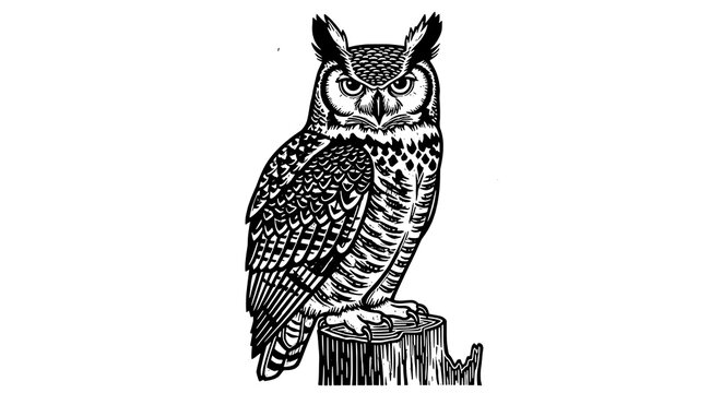 Striking Black and White Woodcut Style Illustration of a Fierce Owl