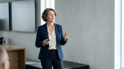 Professional female leader giving presentation in modern office space with empty wall for text overlay