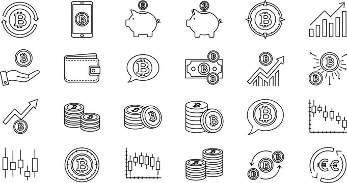 Bitcoin and Cryptocurrency Icon Set with Wallet, Coins, Phone, Graph, Piggy Bank, and Digital Money Symbols for Finance, Investment, and Blockchain Design