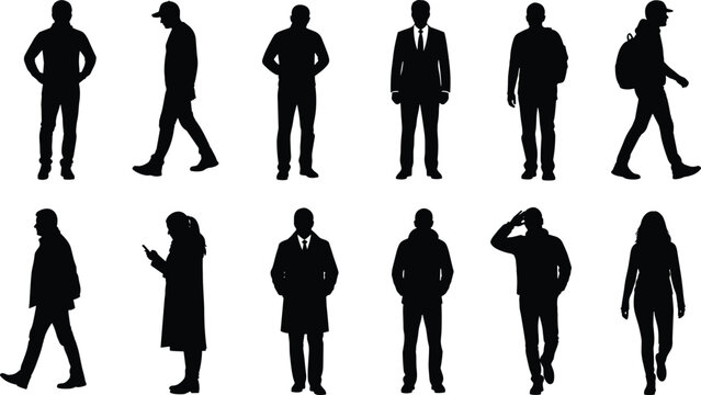Collection of diverse human silhouettes showing standing walking and casual poses isolated on white background vector illustration set modern people