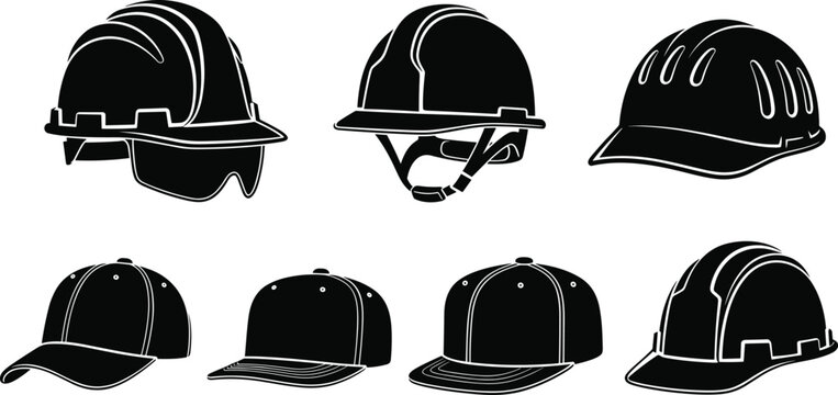 Black and White Illustration Set Featuring Various Cap and Safety Helmet Designs for Fashion, Sports, and Construction