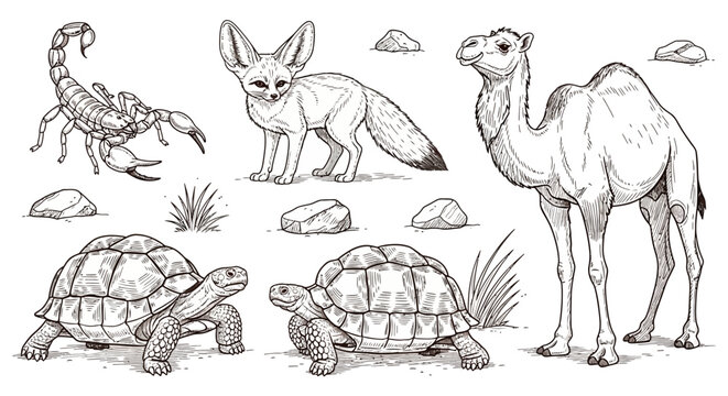 Camel, Fennec Fox, Scorpion, Turtles Desert Animals.