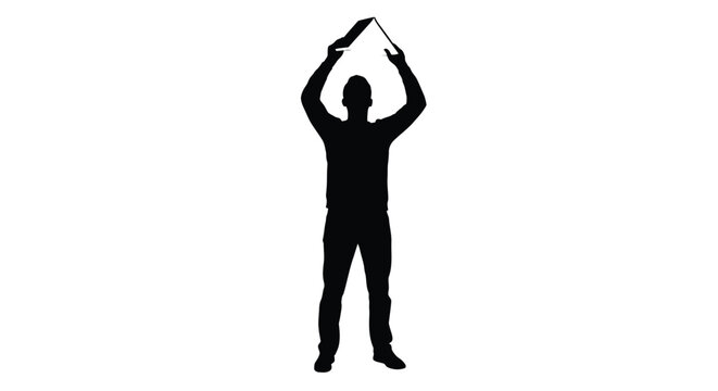 Person raising arms with a rectangular object stark black silhouette