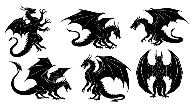 Collection of Dragon Silhouettes in Various Poses.