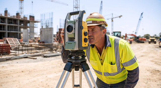 Land surveyor using total station at construction site. Professional engineer in high visibility vest and hard hat measuring land. Civil engineering concept
