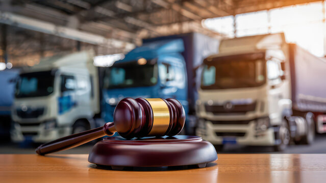 Transport law case with judge gavel on desk, commercial trucks in logistics terminal, freight contract dispute, trucking industry regulation, fleet leasing default, cargo liability