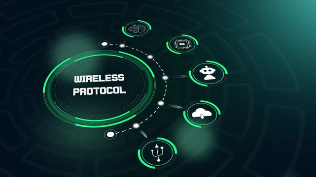 Digital motion graphics of wireless protocol hud animation with interactive symbols to visualize innovative future tech concepts