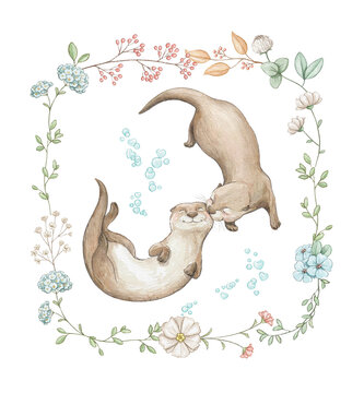 Watercolor composition card with pair cute otters swimming and kissing animals under water for Valentine's Day framed flowers isolated of white background. Hand drawn illustration sketch