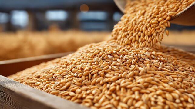 Golden wheat grains cascade into a wooden bin