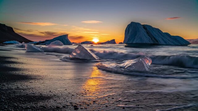 Icelandic Icebergs at Sunset A Breathtaking Coastal Scene.