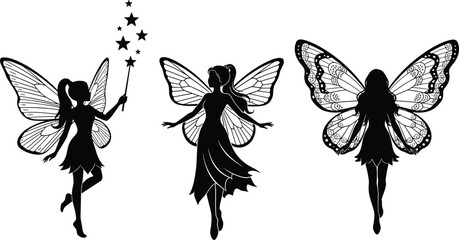 Set of fairy silhouettes with wings and magic wand isolated on white background vector illustration fantasy characters decorative design © Mst