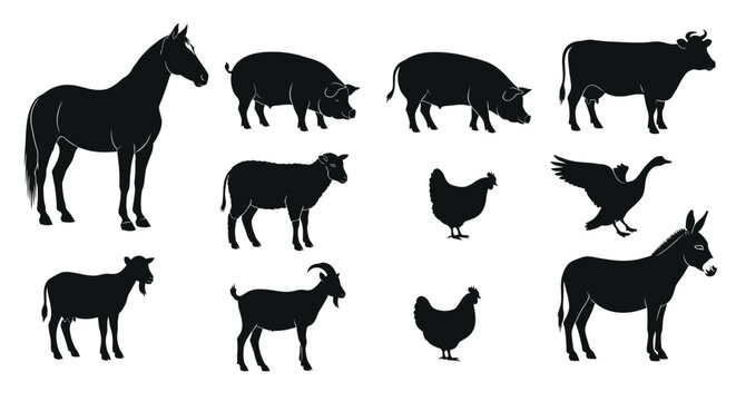 Silhouettes of Various Farm Animals Standing.