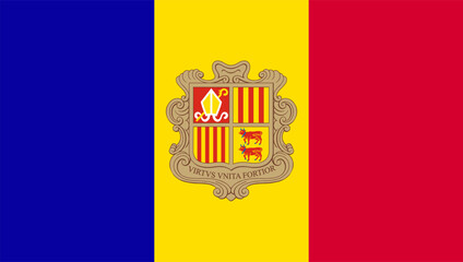 Obraz premium Andorra National Flag Official Proportion and Colors Featuring the Coat of Arms and Virtus Unita Fortior Motto Principality of Andorra Country Symbol for National Day and Official Celebration Events