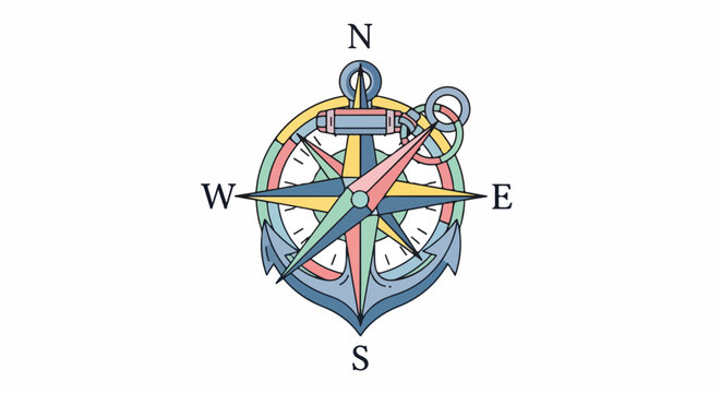 Nautical Compass Rose with Anchor and Cardinal Directions N, S, E, W, Symbolizing Navigation, Direction, and Exploration