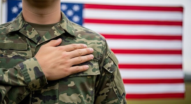 Honoring the nation a soldier's pledge of allegiance with american flag backdrop