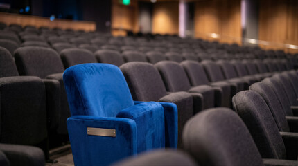Fototapeta premium Empty modern auditorium with rows of dark seats and one prominent blue velvet seat in the foreground