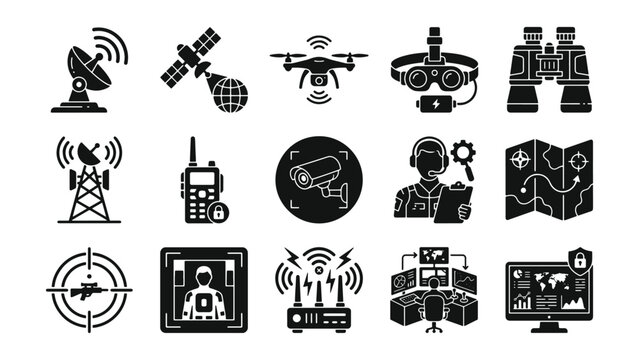 Military surveillance and reconnaissance glyph icon set for defense technology, intelligence operations, and security monitoring UI design