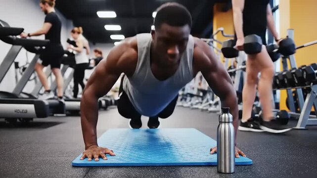 Man doing pushups in gym setting.