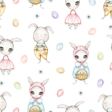 Seamless pattern with bunnies and Easter eggs isolated on white background. Watercolor hand drawn illustration