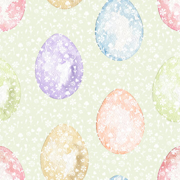 Seamless pattern with vintage Easter multicolored eggs on green background. Watercolor hand drawn illustration