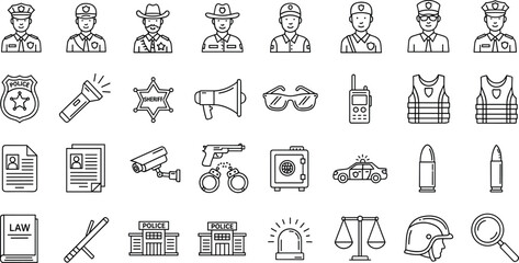 Police and Law Enforcement Icon Set Featuring Officers, Equipment, Tools, and Legal Symbols for Security and Justice © Sreemotimadhobi