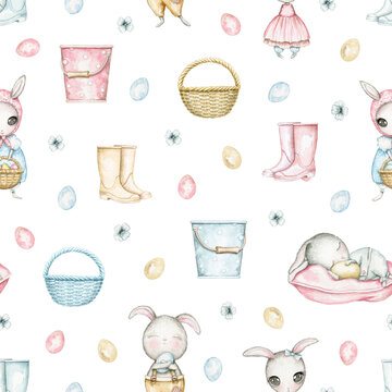 Seamless pattern with Easter cartoon cute bunnies, basket, bucket, boots and eggs isolated on white background. Watercolor hand drawn illustration