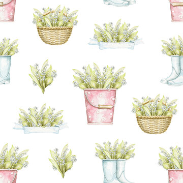 Seamless pattern with wicker baskets, buckets and rubber boots with bouquet with lilies of the valley isolated on white background. Watercolor hand drawn illustration
