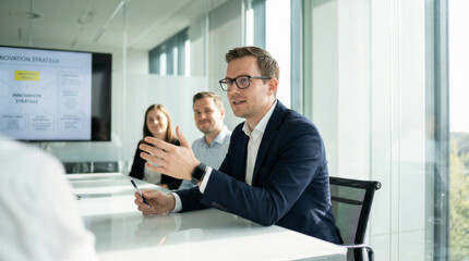 Fototapeta premium Confident businessman leading a discussion on innovation strategy in a bright modern conference room