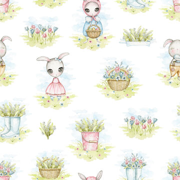 Seamless pattern with Easter bunnies, bucket, gumboots and basket with flowers in the meadow isolated on white background. Watercolor hand drawn illustration