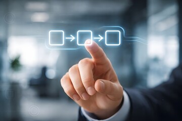 Obraz premium Hand managing workflow process and step by step sequence on digital interface