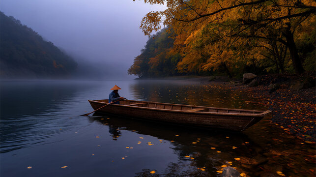 AI generator images of boatman is navigating an antique wooden boat along a river surrounded by a forest with changing colors of leaves.
The water's surface is covered with a variety of colorful 